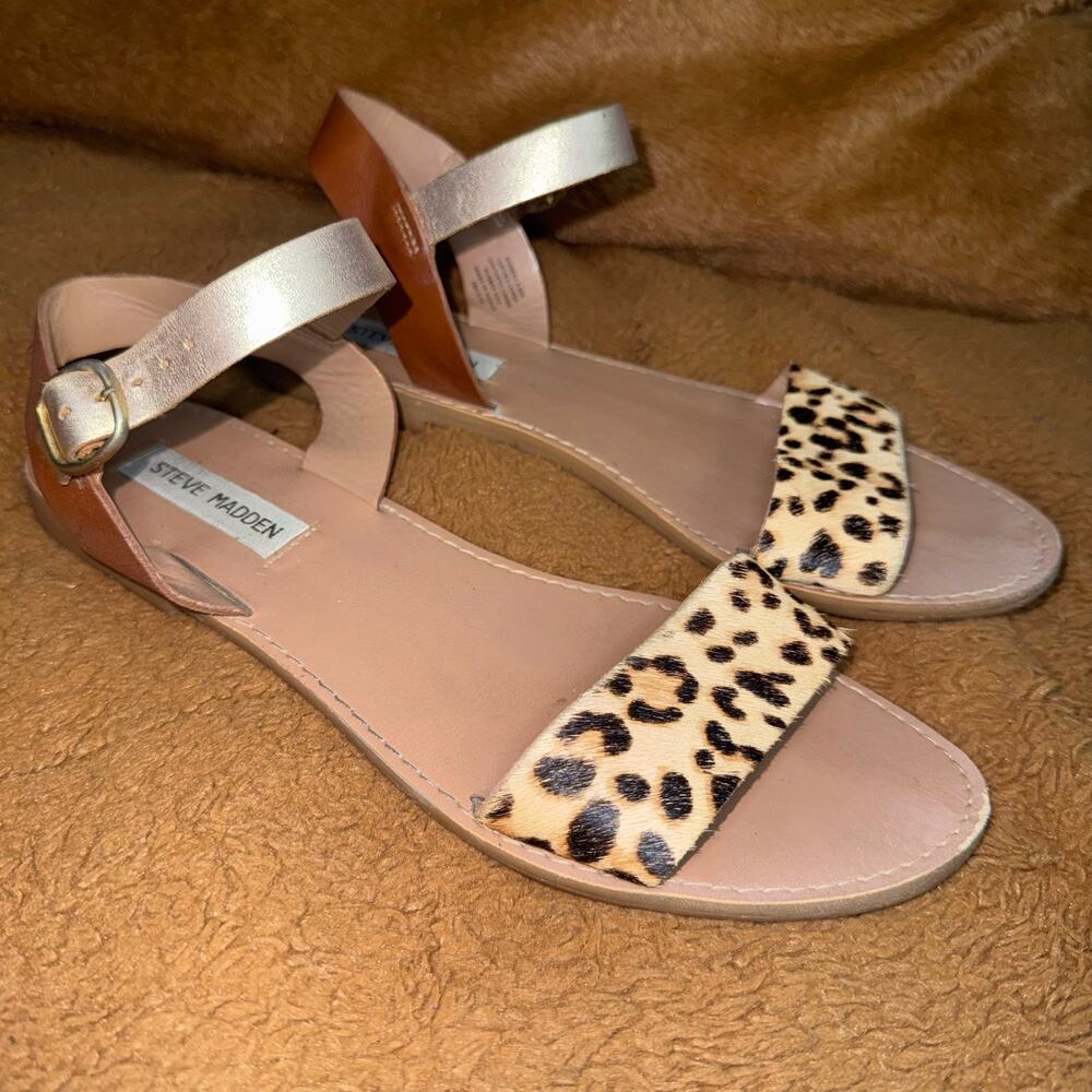 Steve Madden Donddi Leopard Print Leather Flat Sandals Gold Women’s Size 8M